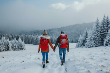 Couple hiking in winter on snowy mountain. Man and women walking and exploring nature on adventure travel