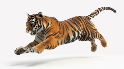 Fototapeta premium Bengal tiger running to hunt prey isolated on white background. AI Generative.