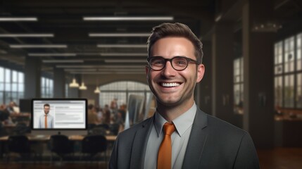 A man in glasses and a suit is smiling in a formal office setting , generated by AI