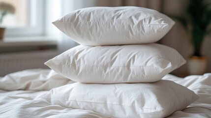 three pillows stacked on top of each other on a bed with white sheets and a potted plant in the background.