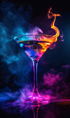 martini glass with colorful alcohol and smoke on black background, burning cocktail with neon glow - obrazy, fototapety, plakaty