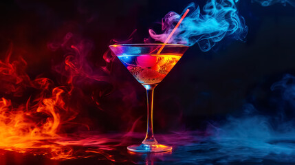 martini glass with colorful alcohol and smoke on black background, burning cocktail with neon glow