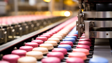 Colorful macarons production line. Automated process in the bakery.  