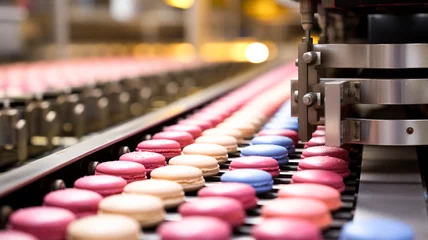 Poster Macarons Colorful macarons production line. Automated process in the bakery.  