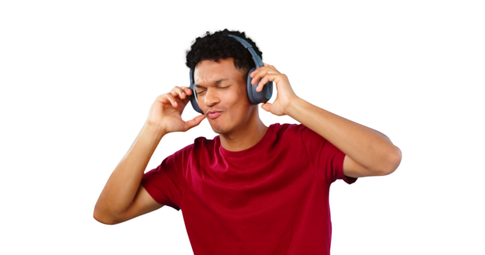 Headphones, music or man on streaming subscription for radio or playlist to relax for peace. Calm, dance or male person listening to audio, song or sound track isolated on transparent PNG background