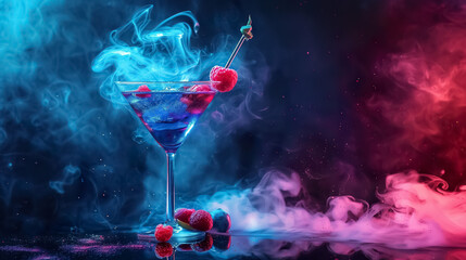 fresh and cold colorful cocktail iwth berries and fruits on black background, fance alcohol drink in fog or smoke in nightclub