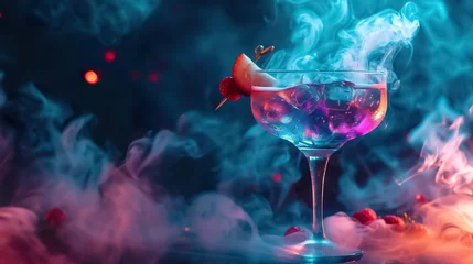 Tafelkleed fresh and cold colorful cocktail iwth berries and fruits on black background, fance alcohol drink in fog or smoke in nightclub © goami