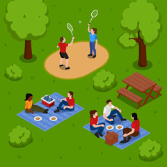Isometric picnic composition background with families having a lunch in a park