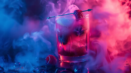 fresh and cold colorful cocktail iwth berries and fruits on black background, fance alcohol drink in fog or smoke in nightclub