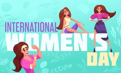 Hand drawn flat cartoon international womens day composition with female characters and flowers
