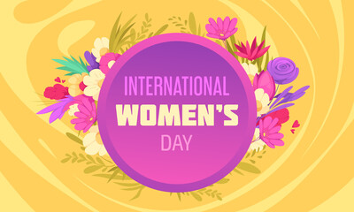 Hand drawn flat cartoon international women day background with colorful blooming flowers