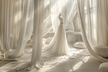 Stunning white silk wedding dress stands in the spotlight, surrounded by light array of exquisite gowns and silk satin fabrics flowing in luxurious white bridal shop. Atelier design sewing workshop.