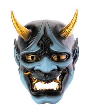 recommend clip art: japanese demon mask with golden horns on white background with clipping path