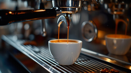 process of espresso coffee preparing with coffee machine, closeup of cup and portafilter