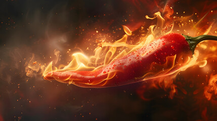 Red chili pepper in  burning with fire flame  on a dark background