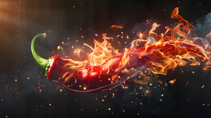 Red chili pepper in  burning with fire flame  on a dark background