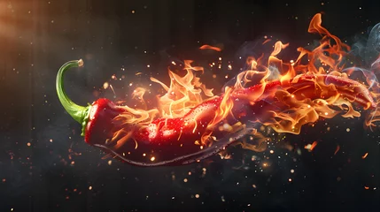 Foto op Plexiglas Red chili pepper in  burning with fire flame  on a dark background © Oksana
