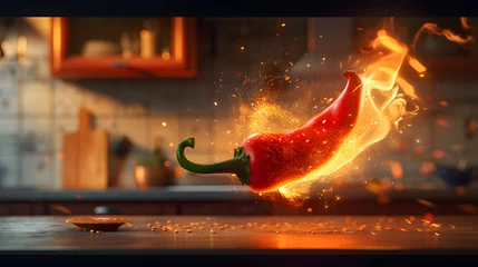Rolgordijnen Red chili pepper in  burning with fire flame  on a dark background © Oksana