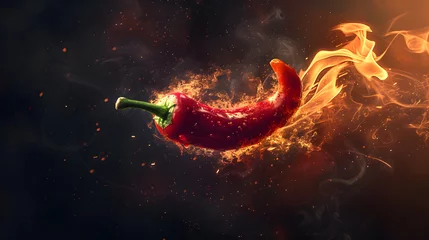 Wall murals Hot chili peppers Red chili pepper in  burning with fire flame  on a dark background