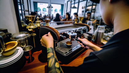 Barista Operating Espresso Machine in Coffee Shop. A barista's hands elegantly operating a vintage espresso machine from a side angle, showcasing the interaction between the barista and the machine