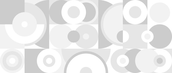 Seamless pattern with gray texture of geometric shapes - circles and squares, template for web screensaver. Trendy white background in retro Scandinavian style for textile or wallpaper.