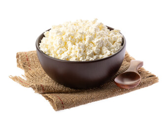 Bowl of cottage cheese isolated on white background without shadow with clipping path