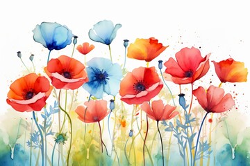Watercolor poppies illustration. Summer art nature. Generate Ai