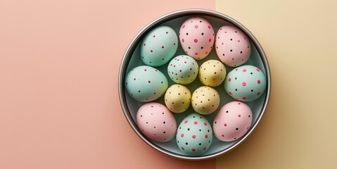 decorative easter eggs with dotted patterns presented in a round tin against a two tone backdrop