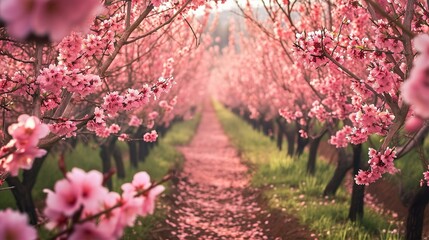 a forest of the peach trees with blossom in the fall bloom adorning every branch and limb