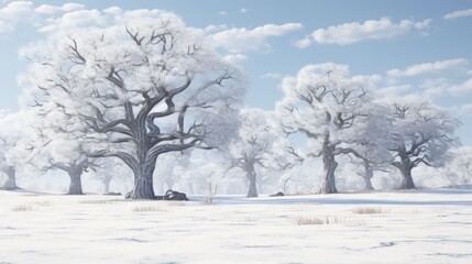 a painting of a snowy landscape with trees foreground and a blue sky with clouds background.