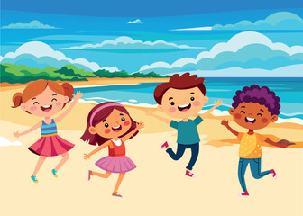 Summer vacation. Group of happy boys and girls summer vacation - 737154639