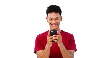 Phone, smile or happy man on social media or online for entertainment blog or texting on tech website. Isolated, transparent png background or person on mobile app to scroll for news post on internet