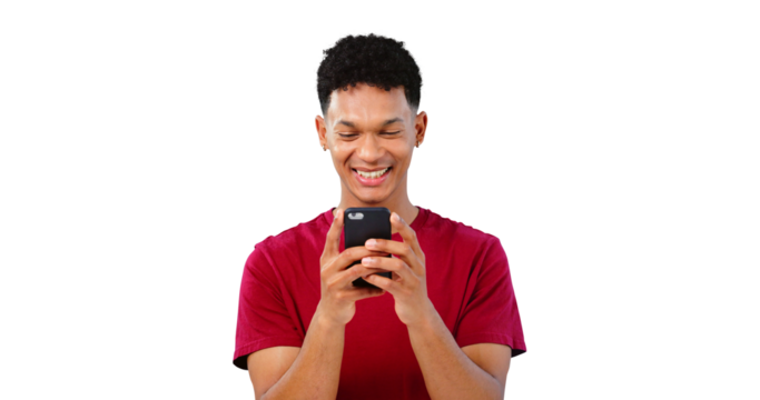 Phone, smile or happy man on social media or online for entertainment blog or texting on tech website. Isolated, transparent png background or person on mobile app to scroll for news post on internet