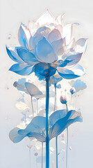 Lotus flower with overlapping petals in shades of blue and white, with a whimsical feel and floating leaves