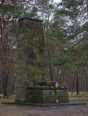 Halbe, Germany - Jan 24, 2024: This war cemetery contains the graves of 22500 Volkssturm and Russian forced labourers who was killed during Second World War. Cloudy winter day. Selective focus