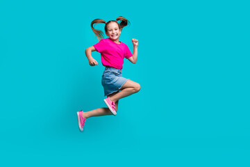 Full length photo of good mood flying girl wear stylish t-shirt denim skirt run shopping to empty...