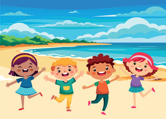 Summer vacation. Group of happy boys and girls summer vacation - 737155626
