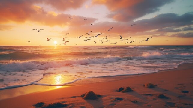 A peaceful beach scene with gentle waves, seagulls, and a colorful sunset captured with a wide-angle lens, using warm and vibrant film to create a serene and inviting atmosphere