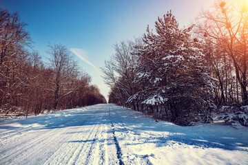 Obraz premium Snowy country road on a sunny winter day