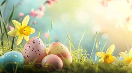 easter pastel background with colourfull eggs and daffodills - obrazy, fototapety, plakaty