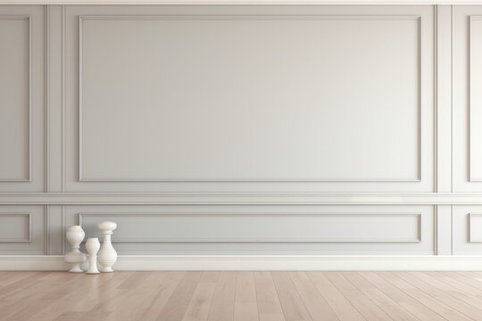 Dove gray painted classic wall background in an empty room with parquet flooring
