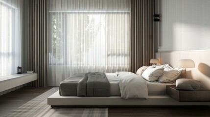 Tranquil bedroom with platform bed sheer curtains. Generative ai, 