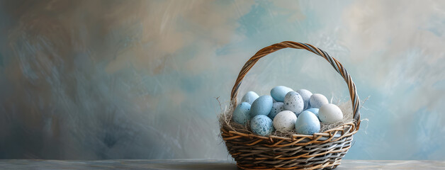 A Serene Collection of Speckled Eggs in a Wicker Basket on a Soft-focus Backdrop with Muted Tones