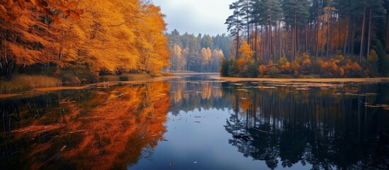 An autumnal natural landscape with a serene lake reflecting trees, set against the backdrop of a clear sky and distant horizon