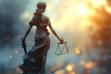 Bronze statue of Lady Justice symbolizes law, equality, and judicial balance in courtrooms. - obrazy, fototapety, plakaty