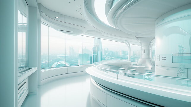 bright sleek spa salon nestled within a futuristic spaceship, offering rejuvenating treatments against stellar backdrops, futuristic and modern, neon lights, white interio