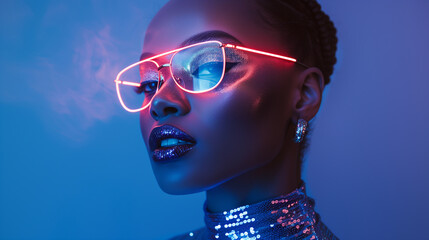 Young woman in neon sunglasses at club,ai