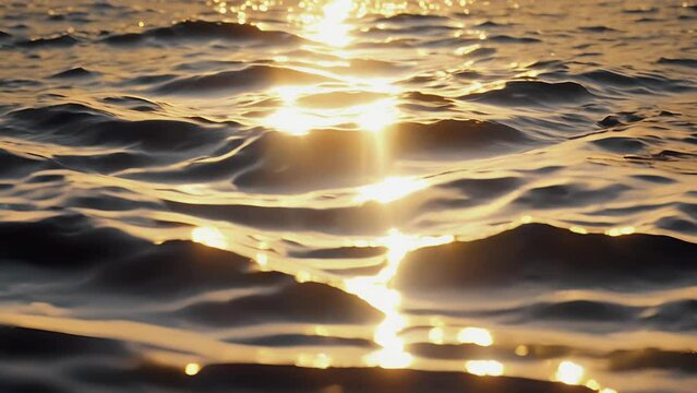 The glimmering surface of the ocean reflecting the golden light of the sun creating a mirrorlike effect.