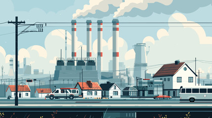 Industrial landscape juxtaposed with a residential area.It features a gas and electric factory with multiple smokestacks emitting vapor or smoke, suggesting industrial activity. - obrazy, fototapety, plakaty