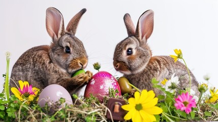 a couple of rabbits sitting next to each other on top of a field of grass with flowers and eggs in front of them.
